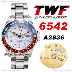 TWF 6542 Vintage GMT A2836 Montre automatique pour homme 38 mm Lunette Pepsi Cadran bâton blanc Calendrier rouge Bracelet en acier inoxydable Oystersteel252V