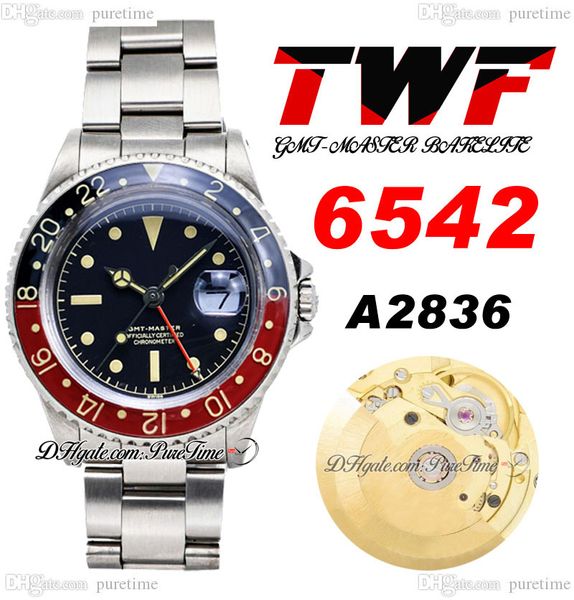 TWF 6542 Vintage GMT A2836 Reloj automático para hombre 38 mm Coke Bisel Black Stick Dial Calendario rojo Oystersteel Pulsera de acero inoxidable Super Edition Puretime B2