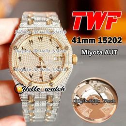 TWF Bling Watches 15202BC ZZ 1241BC 01 Miyota Automatic Mens Watch Marker árabe GypSophila marque dos tonos de oro amarillo pavimentado CZ Full 2029