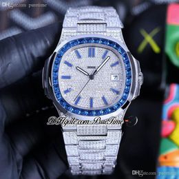 TWF verharde diamanten 5719 A324 Automatische heren Bekijk blauwe edelsteen stick volledig ijsje uit diamant roestvrijstalen stalen armband super editie sieraden horloges puretime g7
