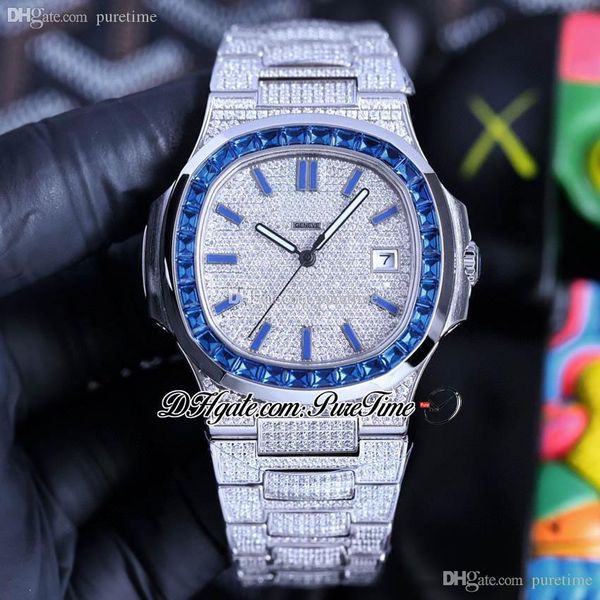 TWF Paved Diamonds 5719 A324 Reloj automático para hombre Blue Gem Stick Totalmente helado Diamante Pulsera de acero inoxidable Super Edition Joyas Relojes Puretime g7