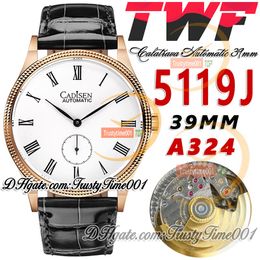 TWF Calatrava 5119J A324 Montre automatique pour homme 39 mm Lunette cannelée en acier Cadran blanc Marqueurs romains Boîtier en or rose Bracelet en cuir Super Edition trustytime001Montres