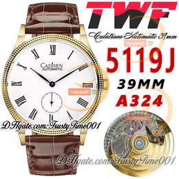 TWF Calatrava 5119J A324 automatisch herenhorloge 39 mm stalen gecanneleerde lunette witte wijzerplaat Romeinse markeringen geel gouden kast lederen band super editie trustytime001Watches