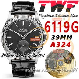 TWF Calatrava 6119G A324 Montre automatique pour homme Lunette cannelée de 39 mm Cadran noir Marqueurs de bâton Boîtier en acier inoxydable Bracelet en cuir Super Edition trustytime001Montres