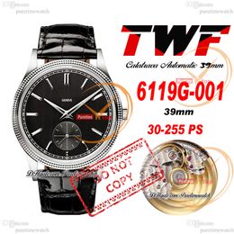 TWF Calatrava 6119G PP30-255 automatisch herenhorloge 39 mm stalen gecanneleerde bezel zwarte stick wijzerplaat lederen band Super Edition horloges Reloj Hombre Puretime B2