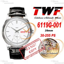 TWF Calatrava 6119G PP30-255 Montre automatique pour homme 39 mm Lunette cannelée en acier Cadran blanc Bracelet en cuir noir Super Edition Montres Reloj Hombre Puretime A1