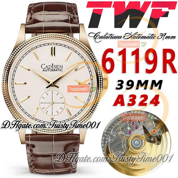 TWF Calatrava 6119R A324 Reloj automático para hombre 39 mm Bisel estriado de acero Esfera blanca Marcadores de barra Caja de oro rosa Correa de cuero Edición súper trustytime001Relojes