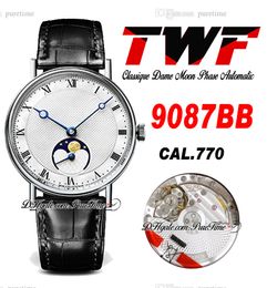TWF Classique Dame 9087BB A770 Automatische Mens Watch Moon Fasen Steel Case Silver Tekst Kielkoop Romeinse Markers Zwart Leather Riem Super Edition Horloges Puretime B2