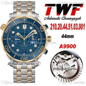 TWF Diver 300m A9900 Automatische Chronograph Mens Horloge Two Tone Yellow Gold Ceramics Bezel Blue Texture Dial Roestvrijstalen Armband Super Edition Puretime 04F6