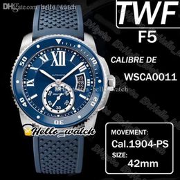 TWF F5 Caliber De Dive WSCA0011 Cal 1904-PS MC Automatisch herenhorloge Superlichtgevende keramische bezel Romeinse Mark Blauwe wijzerplaat Rubber Watch307q