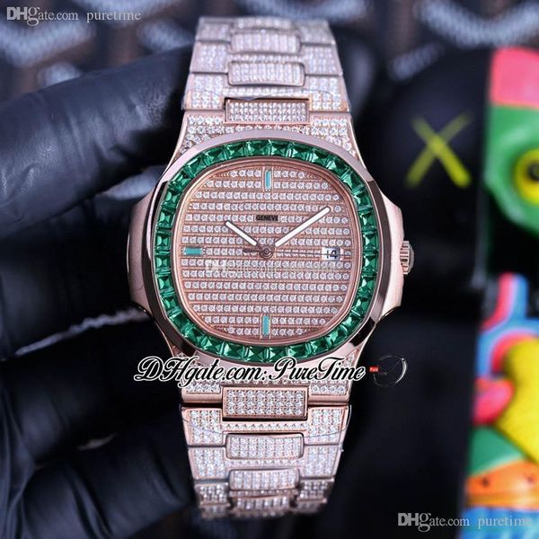 TWF 5719 PP324 A324 Reloj automático para hombre Oro rosa Joya verde Palo Completamente helado Diamante pavimentado Pulsera de acero inoxidable Super Edición Joyas Relojes Puretime b2