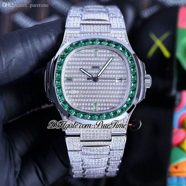 TWF Paved Diamonds 5719 A324 Reloj automático para hombre Gema verde Stick Pulsera de acero inoxidable con diamantes completamente helado Super Edition Relojes de joyería Puretime f6