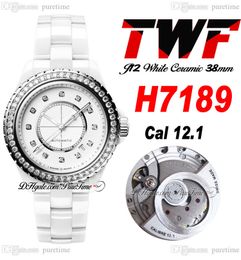 TWF J13 H7189 A12.1 Reloj unisex automático para hombre y mujer 38 mm Corea Cerámica Diamantes Bisel Esfera blanca Pulsera de cerámica Super Edición Relojes para mujer Puretime B2