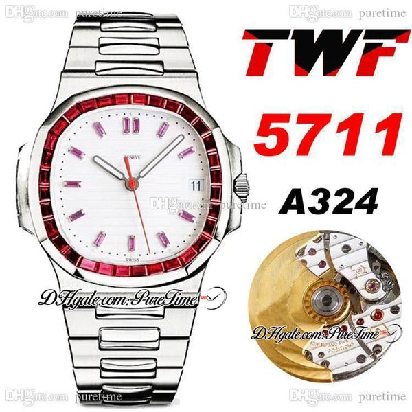TWF Jumbo Platinum Ruby Bezel 5711 White Texture Dial A324 Reloj automático para hombre Hip Hop Bling Jewelry Best Edition PTPP 2021 Puretime E166A1