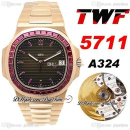 TWF Jumbo Platinum Ruby Bezel Rose Gold 5711 Black Texture Dial A324 Reloj automático para hombre Edición Hip Hop PTPP 2021 Puretime 282p