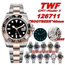 Twf Luxury Watches Tw 40mm 904L 126711 Date GMTMaster II "Rootbeer" 3285 Automatique Match Black Diad Rose Gol
