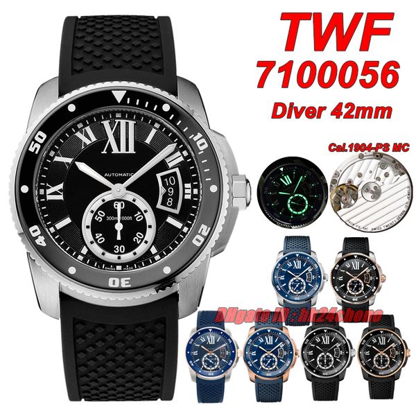 TWF Luxury Watches TW 7100056 Diver 42mm 1904-PS MC Automatic Mens Watch Sapphire Black Dial Strap Roude en caoutchouc Gents
