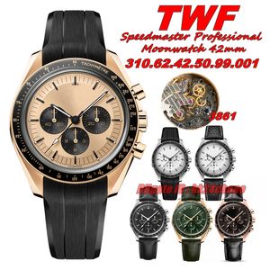 TWF Luxe horloges TW Professionele 42 mm Moonwatch 3861 Handmatige wikkeling Chronograph Mens Watch Sapphire Crystal Gold Dial Leather Trap Gents polshorloges