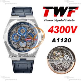 TWF Overseas Perpetual Calendar Moonphase 4300V A1120 Automatisk Herrklocka Stålfodral Skeleton Dial Blue Leather Super Version Reloj Hombre Edition Puretime B12