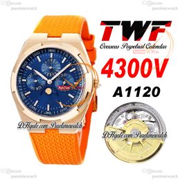 TWF Overseas Perpetual Calendar Phase de Lune 4300V A1120 Automatique Montre Homme Or Rose Cadran Bleu Caoutchouc Orange Super Version Reloj Hombre Edition Puretime B2