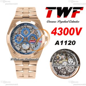 TWF Overseas eeuwigdurende kalender maanfase 4300V A1120 automatisch herenhorloge rosé goud blauwe skelet wijzerplaat roestvrij stalen armband Super versie Puretime B14