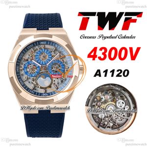 TWF Overseas Calendrier Perpétuel Phase de Lune 4300V A1120 Automatique Montre Homme Or Rose Cadran Squelette Caoutchouc Bleu Super Version Reloj Hombre Edition Puretime B01