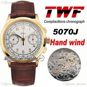TWF Platinum Complioctions Chronograph 5070j Hand Winding Automatische Mens Horloge 18K Geel Goud Wit Dial Bruin Lederen PTPP Puretime P5B2