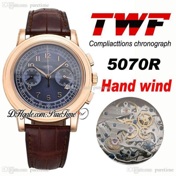 TWF Platinum Compliacttions Chronographe 5070J Montre automatique pour homme à remontage manuel Or rose 18 carats Cadran bleu Cuir marron PTPP Puretime P5h8