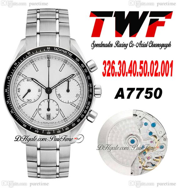 TWF Racing Master A7750 Montre chronographe automatique pour homme Eta Lunette tachymétrique noire Cadran blanc Bracelet en acier inoxydable 326.30.40.50.01.002 Super Edition Puretime F6