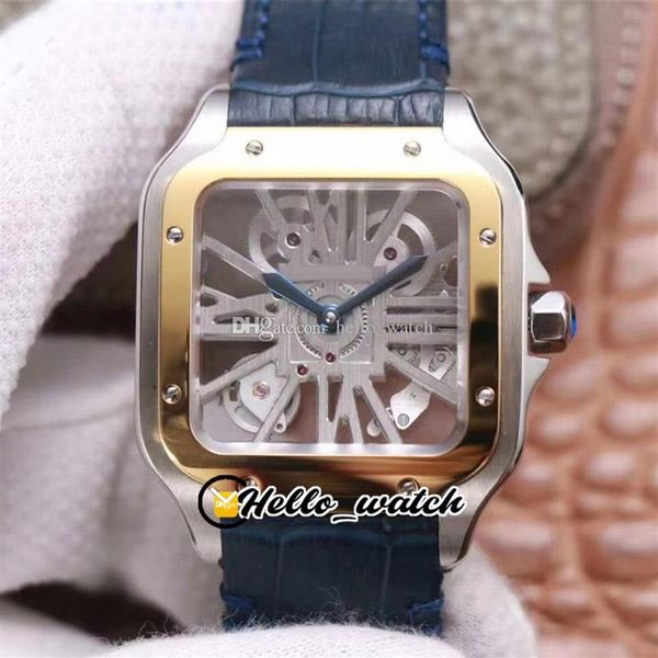 TWF Tom Holland Dumont WHSA0012 Reloj para hombre Esqueleto Suizo Ronda 4S20 Relojes mecánicos analógicos de cuarzo Dos tonos Oro Azul Cuero S2054
