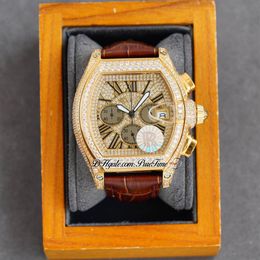 TWF Tortue XL Miyota Cuarzo Cronógrafo Reloj para hombre 18K Oro amarillo Pavimentado Diamantes Dial Negro Romano Marrón Cuero Cronómetro Je248R