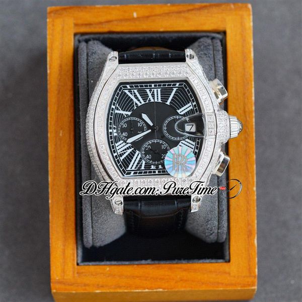 TWF Tortue XL Miyota Cuarzo Cronógrafo Reloj para hombre Caja de diamantes Esfera negra Marcadores romanos blancos Correa de cuero Cronómetro Jewel2496