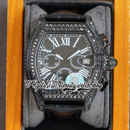 TWF Tortue XL tw62020X6 Reloj para hombre Japón Miyota Cuarzo Cronógrafo PVD Acero Diamantes Esfera romana negra Caja de diamantes con hielo Leath201m