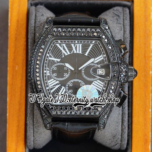 TWF Tortue XL tw62020X6 Reloj para hombre Japón Miyota Cuarzo Cronógrafo PVD Acero Diamantes Esfera romana negra Caja de diamantes con hielo Leath262O