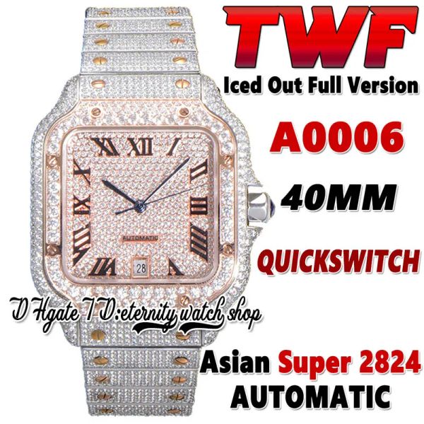 Montre automatique pour hommes TWF Tw0007 avec diamants synthétiques pavés, cadran romain en or rose bicolore, bracelet en acier à commutation rapide et design glacé