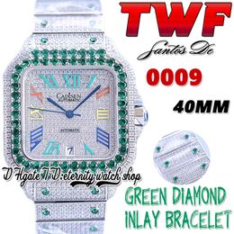 TWF tw0009 Japon Miyota Automatique Montre Homme Diamants Verts Lunette Entièrement Glacé Cadran Diamant Arc-En-Ciel Marqueurs Romains Bracelet En Acier Super Edition Montres D'éternité