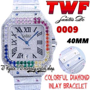 TWF tw0009 Japon Miyota Montre automatique pour homme 40 mm Rainbow Big Diamonds Lunette entièrement glacée Cadran diamant Marqueurs romains Bracelet en acier Super Edition Montres d'éternité