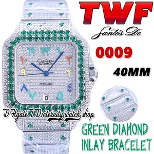 TWF TW0009 Japan Miyota Automatische heren Watch Green Diamonds Bezel Volledig Iced Diamond Dial Rainbow Arabische markers stalen armband Super Edition Eternity Watches