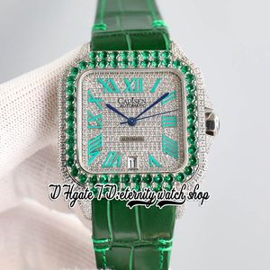 TWF TW0009 M8215 Automatische heren Work 40 mm Groen Iced Out Big Diamond Bezel verharde diamanten Dial Romeinse markers Lederen band 2022 Super Edition Eternity Watches