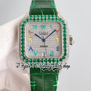 TWF TW0009 M8215 Automatische heren Work 40 mm Groen Iced Out Big Diamond Bezel verharde diamanten wijzerplaat kleur Arabische markeringen lederen band super editie eeuwigheid horloges