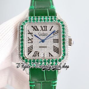 TWF TW0009 M8215 Automatische heren Work 40 mm Green Iced Out Big Diamond Bezel Plaveed Diamonds Dial Black Roman Markers Lederen Strap 2022 Super Edition Eternity Watches