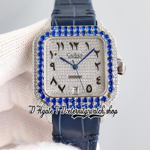 TWF tw0009 M8215 Montre Automatique pour Homme 40MM Bleu Glacé Grande Lunette de Diamant Pavée de Diamants Cadran Marqueurs Arabes Bracelet en Cuir 2022 Super Edition montres d'éternité