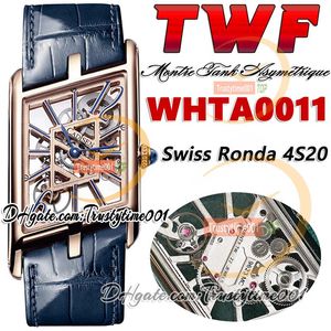 TWF tw0011 Suisse Ronda 4S20 Montre à quartz pour homme Montre asymétrique Montre unisexe Boîtier en or rose Cadran squelette Bracelet en cuir bleu Super Edition trustytime001Montres