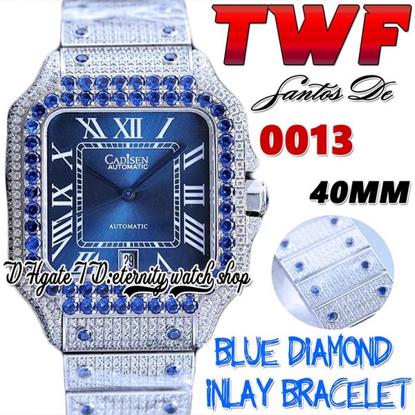 TWF tw0013 Japan Miyota Automatic Mens Watch 40MM Blue Diamonds Bisel Blue Dial Roman Markers Iced Out Diamond Pulsera de acero inoxidable Super Edition relojes de eternidad