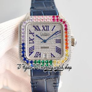 TWF TW0013 M8215 Automatische heren Work 40 mm Rainbow Iced Out Big Diamond Bezel verharde diamanten Dial Purple Roman Markers Lederen Riem Super Edition Eternity Watches