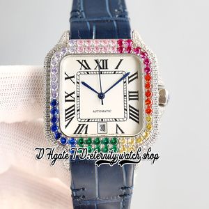 TWF tw0013 Pavé de Diamants M8215 Montre Automatique pour Homme 40MM Rainbow Iced Out Big Diamond Bezel Cadran Blanc Marqueurs Romains Bracelet en Cuir Super Edition Montres d'éternité