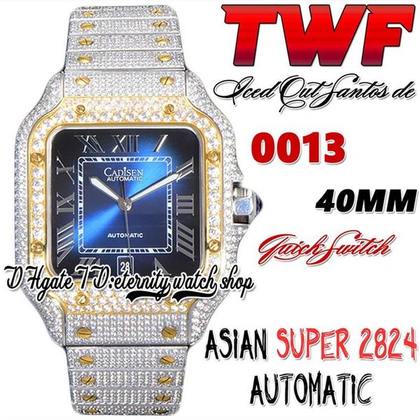 TWF tw0030 Pavé de diamants ETA A2824 Montre automatique pour hommes Cadran bleu Marqueurs romains Lunette en or Interrupteur rapide Bracelet en diamant glacé 308m