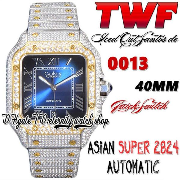 TWF tw0030 Pavé de diamants ETA A2824 Montre automatique pour homme Cadran bleu Marqueurs romains Lunette en or Interrupteur rapide Bracelet en diamant glacé 3277