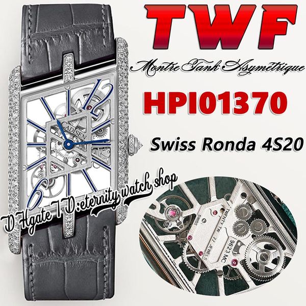 TWF tw01370 Swiss Ronda 4S20 Quartz Mens Watch Montre Asymetrique Diamonds Case Skeleton Dial Stick Markers Bracelet en cuir gris Super Edition montres d'éternité