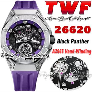 TWF tw26620 A2965 Montre pour Homme à Remontage Manuel 42MM Tourbillon Boîtier en Acier Titane 3D Cadran Panthère Noire Bracelet en Caoutchouc Violet 2022 Montres d'éternité Super Edition Limitée